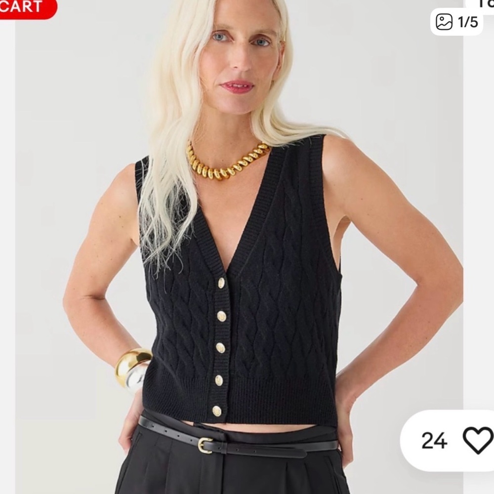 J. Crew Black cable Sleeveless sweater with Gold Buttons